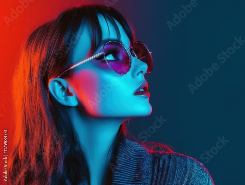 Vibrant neon portrait, woman wearing aviator sunglasses, blue and pink lighting, dramatic contrasts, 80s retro aesthetic, cyberpunk style, high fashion, close-up shot, glossy lips, intense colors, ref photo