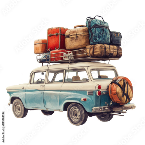 A vintage station wagon is fully loaded with luggage on its roof rack, ready for a road trip. photo