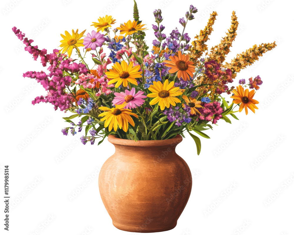Vibrant bouquet of mixed wildflowers in a clay pot. Vibrant bouquet of mixed wildflowers in a clay pot.