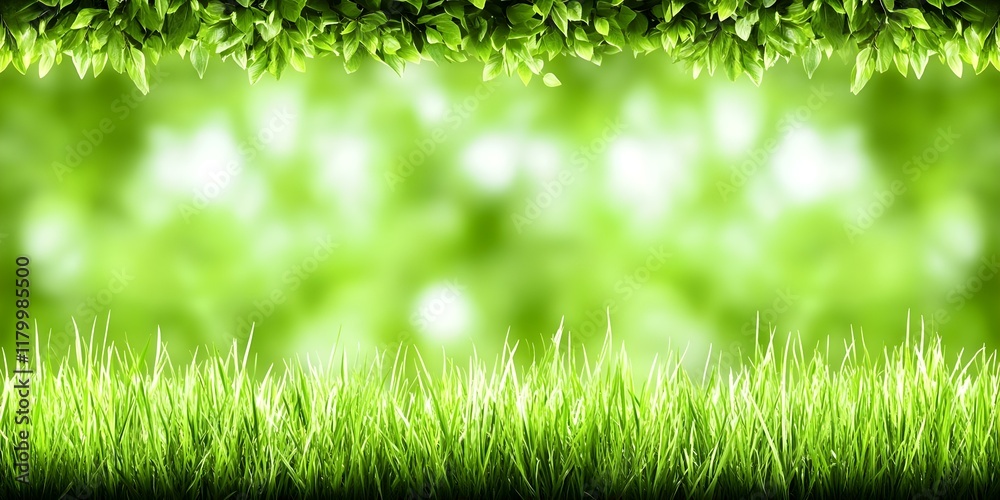 A lush green background with vibrant grass at the bottom and leafy borders at the top, creating a fresh, natural atmosphere. Concept Lush Green Background, Vibrant Grass, Leafy Borders A lush green background with vibrant grass at the bottom and leafy borders at the top, creating a fresh, natural atmosphere. Concept Lush Green Background, Vibrant Grass, Leafy Borders