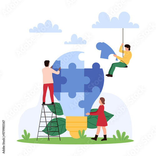 Team brainstorm on smart solution to problem, teamwork challenge of creative idea and insights. Tiny people connect puzzle jigsaw pieces to assemble big light bulb, cartoon vector illustration