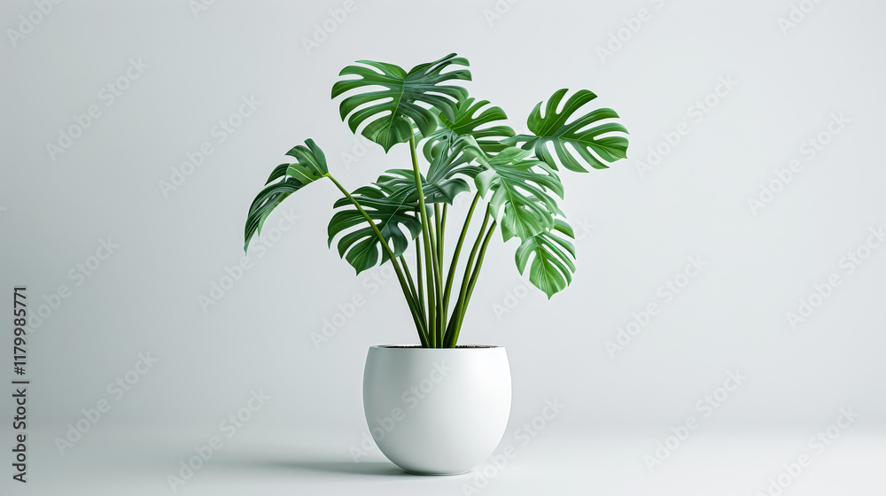 Large plant is in a white pot on a table. Large plant is in a white pot on a table.