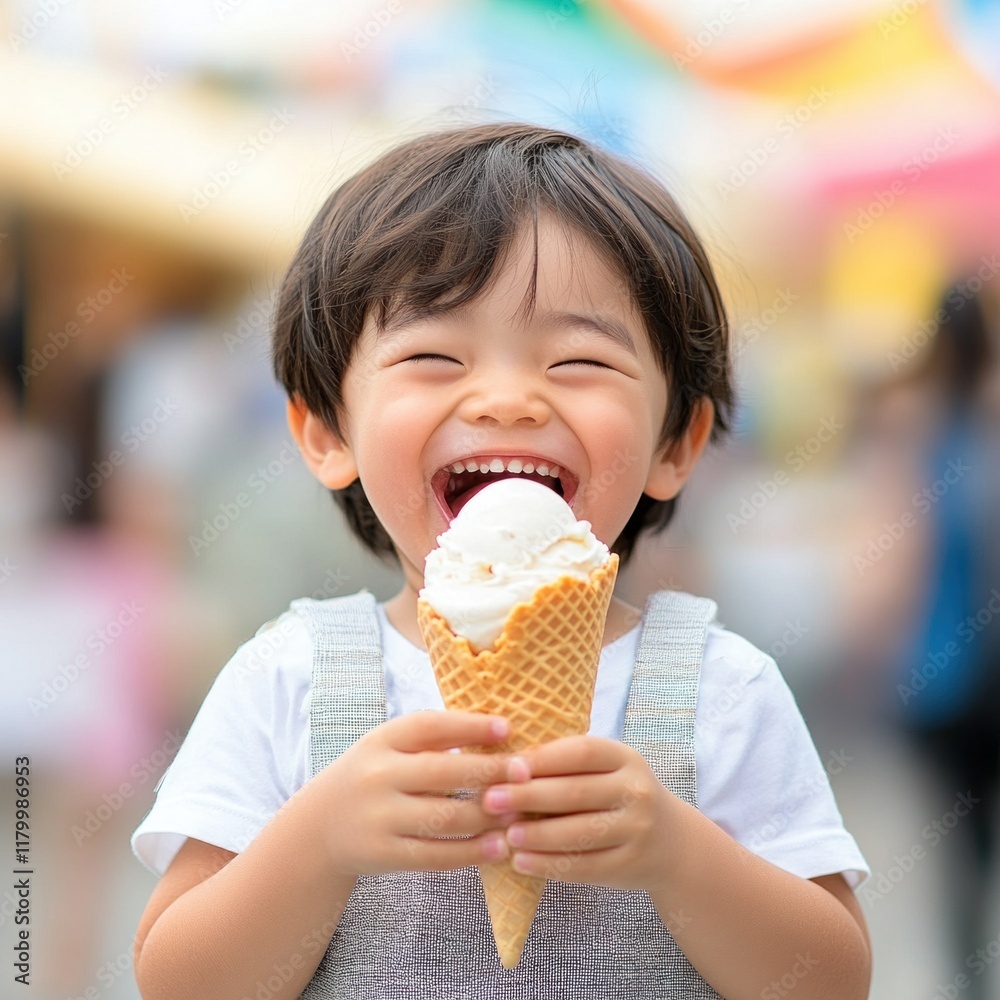 Happy little kid eating an ice cream cone , smiling and holding it in his hands, Happy little kid eating an ice cream cone , smiling and holding it in his hands,