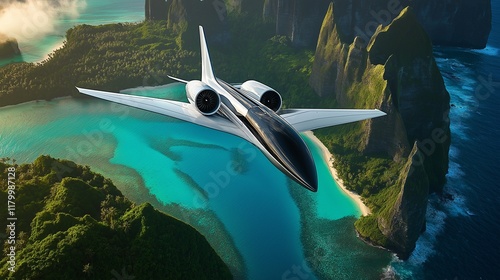 airplane with a sleek, energy-efficient design flying over a tropical island with turquoise waters photo