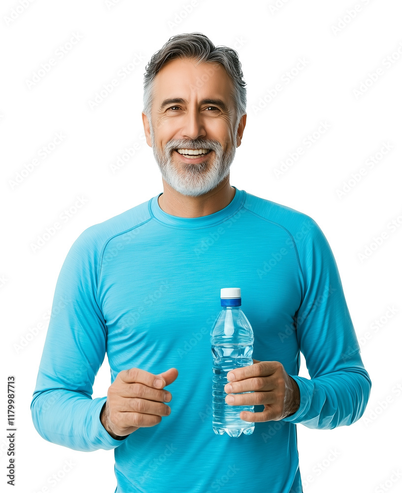 smiling man in cyan top holding water bottle, promoting hydration and healthy living smiling man in cyan top holding water bottle, promoting hydration and healthy living
