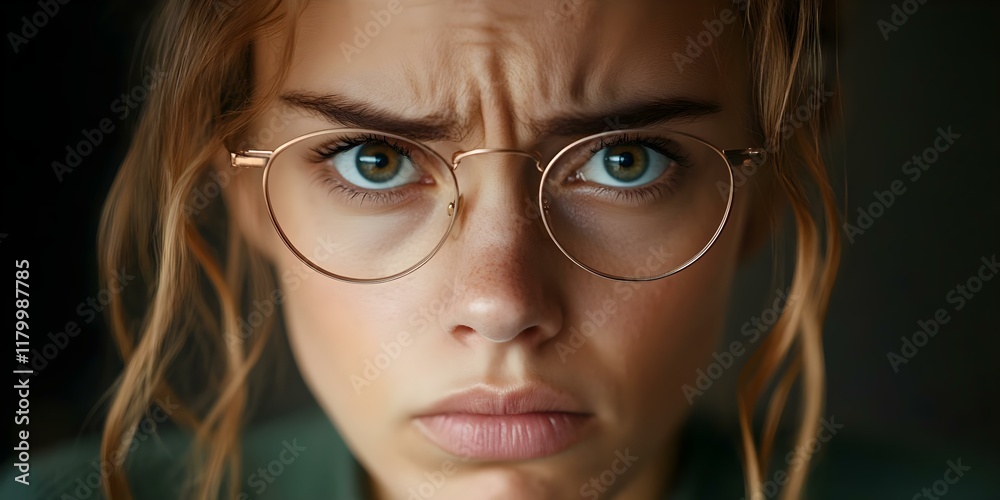 A close-up of a young person with glasses, displaying a serious expression and intense green eyes. Concept Close-Up Photography, Intense Expression, Green Eyes, Portrait of Youth, Glasses Fashion A close-up of a young person with glasses, displaying a serious expression and intense green eyes. Concept Close-Up Photography, Intense Expression, Green Eyes, Portrait of Youth, Glasses Fashion