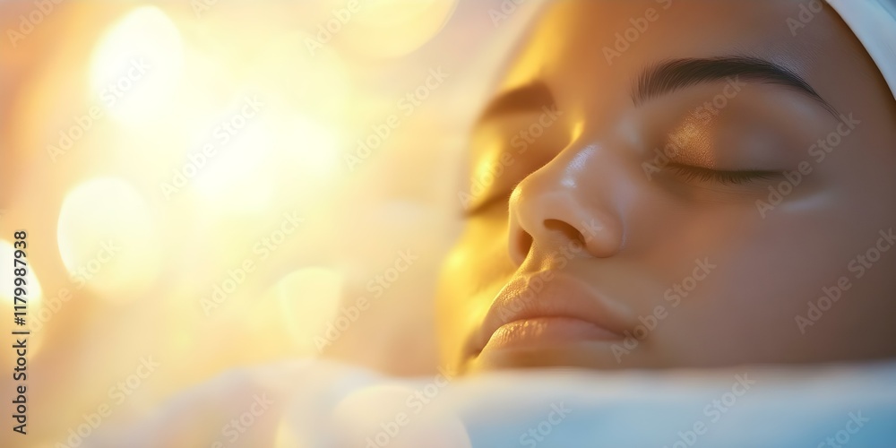 A close-up of a relaxed person with closed eyes, illuminated by soft, warm light, creating a serene and peaceful atmosphere. Concept Close-Up Portrait, Relaxed Expression, Soft Warm Light A close-up of a relaxed person with closed eyes, illuminated by soft, warm light, creating a serene and peaceful atmosphere. Concept Close-Up Portrait, Relaxed Expression, Soft Warm Light