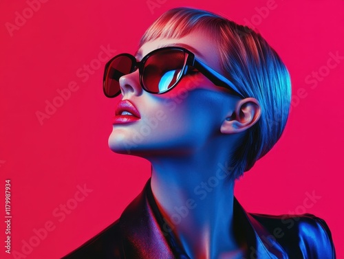 Vibrant neon portrait, woman wearing aviator sunglasses, blue and pink lighting, dramatic contrasts, 80s retro aesthetic, cyberpunk style, high fashion, close-up shot, glossy lips, intense colors, ref photo