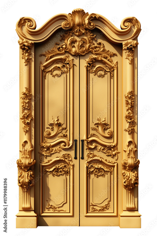 Golden ornate door with intricate carvings, featuring floral and baroque details, isolated on transparency background, exuding elegance and luxury Golden ornate door with intricate carvings, featuring floral and baroque details, isolated on transparency background, exuding elegance and luxury
