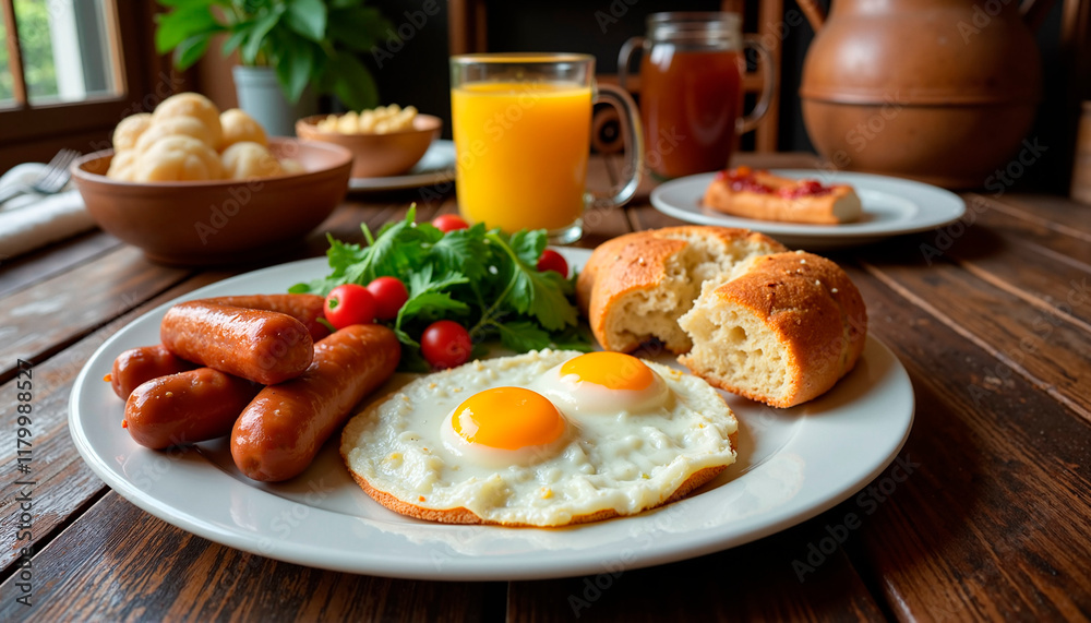 Breakfast plate with fried eggs and sausages on wooden table, St. Patrick's Day theme Breakfast plate with fried eggs and sausages on wooden table, St. Patrick's Day theme
