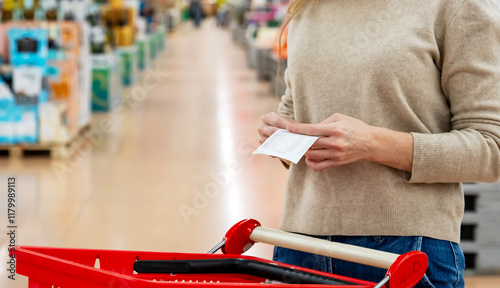 woman in a supermarket with a shopping receipt photo