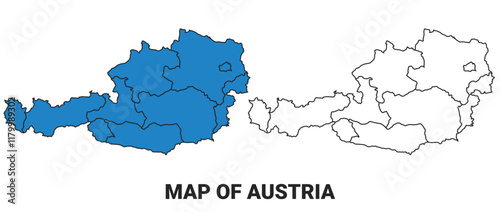 Austria Blue detailed outline map border regions outline vector set