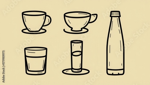 Wallpaper Mural Simple Line Art Illustration of Coffee Cups Glass and Bottle Torontodigital.ca