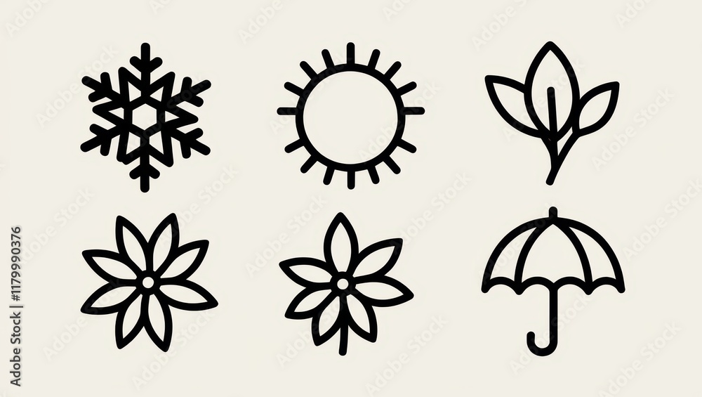 Obraz premium Simple Line Icons Set Sun Flower Snowflake Umbrella and Leaf Perfect for Seasonal Designs and