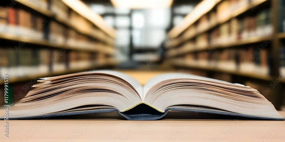 An open book resting on a table, with a library filled with shelves of books in the blurred background. Concept Open Book on Table, Library Ambience, Shelves of Books, Soft Focus Background An open book resting on a table, with a library filled with shelves of books in the blurred background. Concept Open Book on Table, Library Ambience, Shelves of Books, Soft Focus Background
