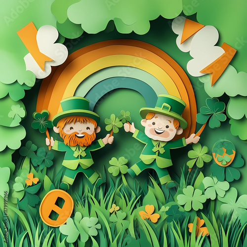 Green Paper cut out card for St Patricks Day of Leprechauns and shamrocks ad a rainbow.  photo