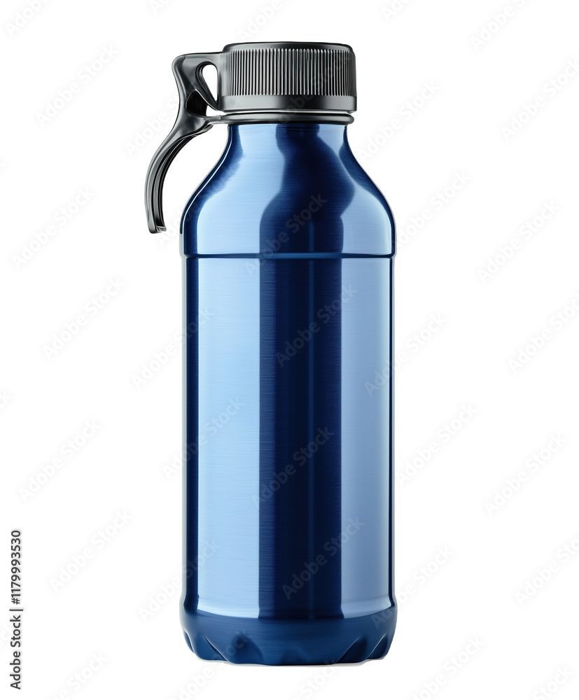 Blue plastic water bottle with handle and cap isolated on PNG cutout background Blue plastic water bottle with handle and cap isolated on PNG cutout background