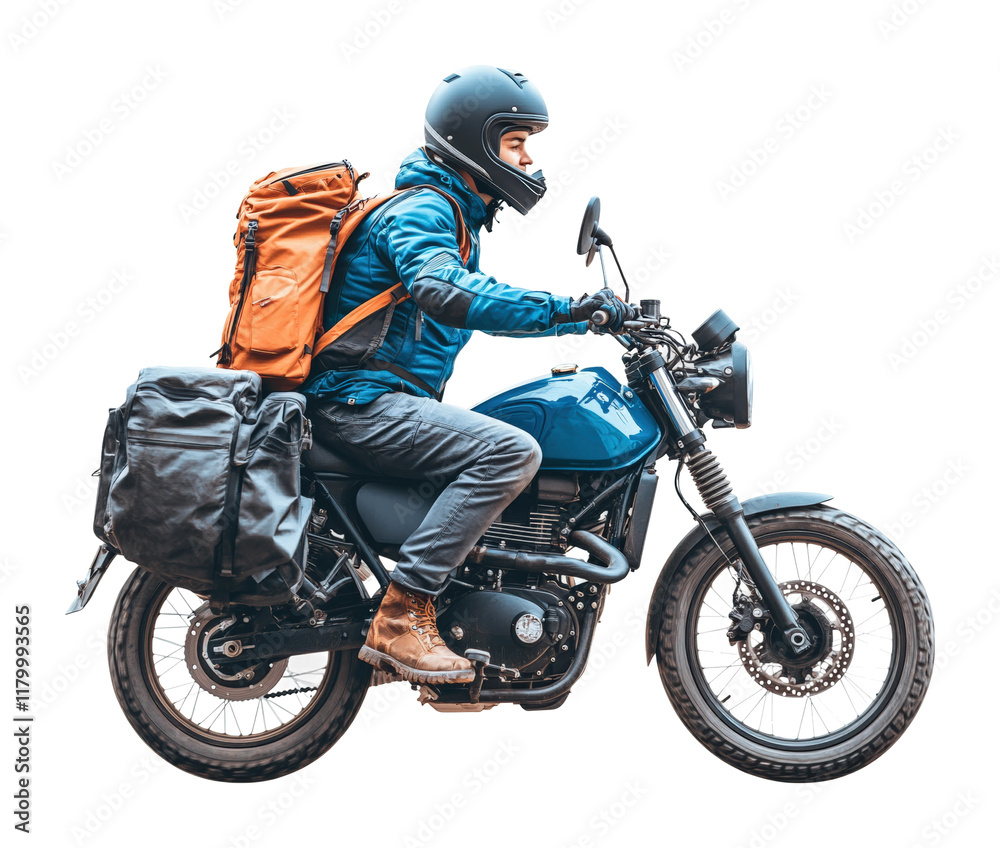 Delivery person riding motorcycle on high fidelity creative urban environment side view fast delivery concept isolated on transparent background png Delivery person riding motorcycle on high fidelity creative urban environment side view fast delivery concept isolated on transparent background png