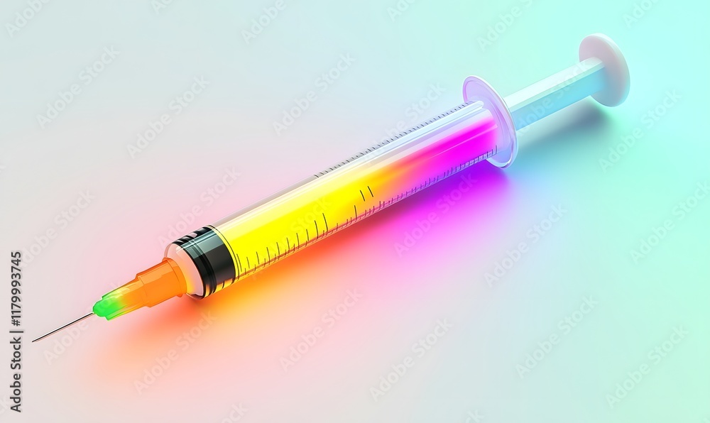 Fototapeta premium Colorful liquid-filled syringe on gradient background.