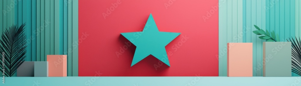 Obraz premium A vibrant composition featuring a large turquoise star against a red backdrop, complemented by pastel cubes and greenery, creating a modern aesthetic.