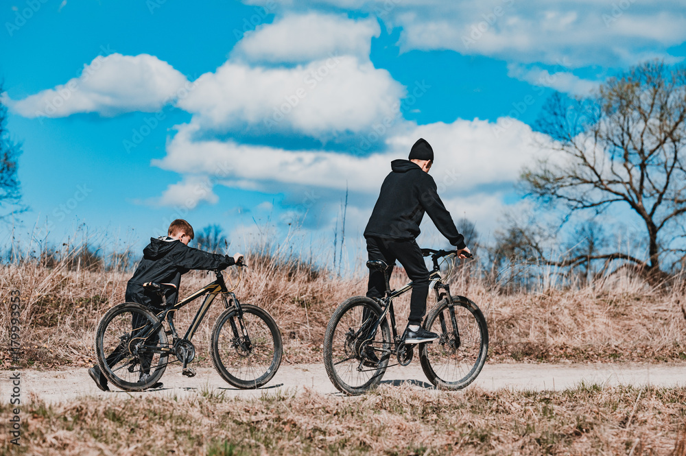 Obraz premium Brothers enjoy a sunny afternoon bike ride on a country path. One boy pushes his bike, his sibling cycles beside him. The landscape is open and bright, with blue skies and wispy clouds.