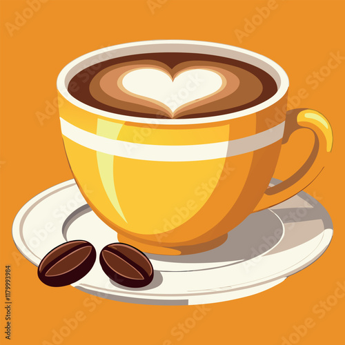 Cup of coffee with heart-shaped latte art, cozy beverage illustration, perfect for coffee shop branding, menus, or caf� designs