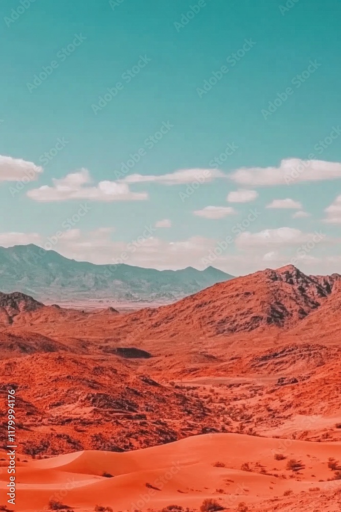 Dramatic desert landscape with red sand dunes and distant mountains under a vibrant blue sky. Dramatic desert landscape with red sand dunes and distant mountains under a vibrant blue sky.