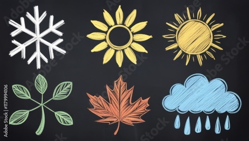 Colorful Chalk Drawings of Four Seasons Sun Snow Leaves Rain on Blackboard