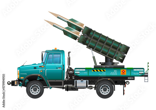 Missile vehicle military weapon rocket launcher truck 3D vector illustration