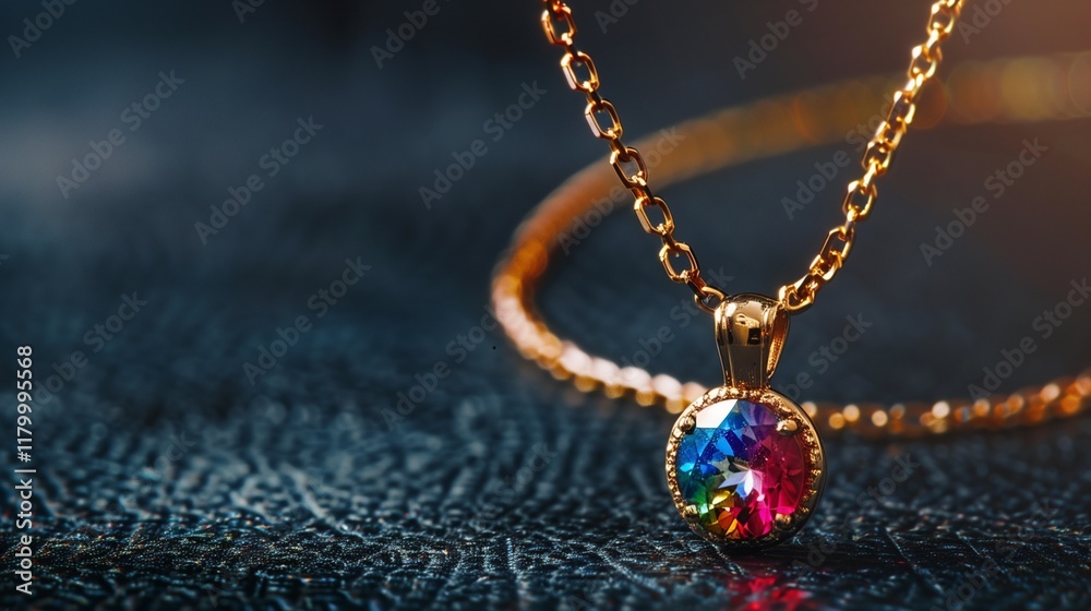 A luxury gold chain with a colorful gemstone pendant placed on a soft black background, softly illuminated. A luxury gold chain with a colorful gemstone pendant placed on a soft black background, softly illuminated.