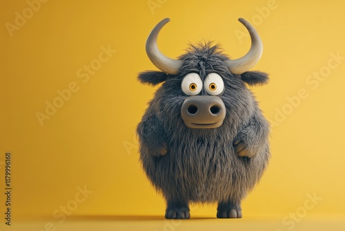 Adorable cartoon yak with fluffy black fur and large horns standing on a beige background photo