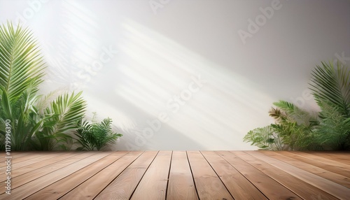 sol en parquet et fond de couleur clair en ia, fond photo lumière et plantes en pot background 