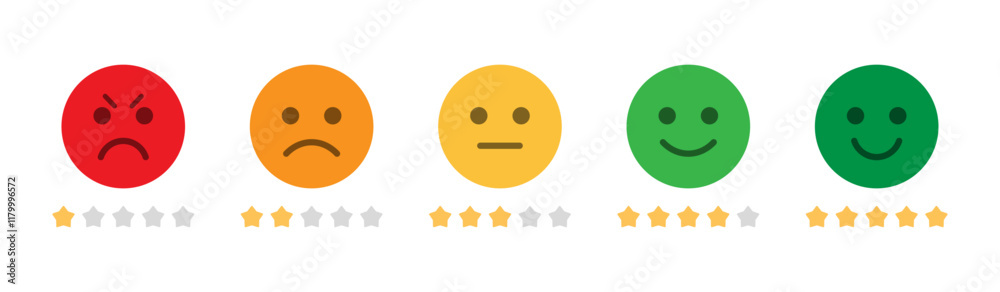 Fototapeta premium Rating emoji with star rating good to bad customer feedback indicator vector image. Five-star rating emoji icon set. Emoji feedback scale with stars line. Rating emoji vector collection.