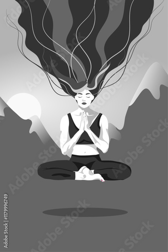 black and white poster with a yogi girl in the lotus position against the backdrop of mountains and sunset