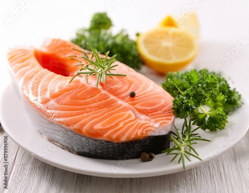darne de saumon fraiche dans une assiette pour recette saine et healty en ia