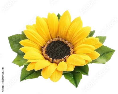 Vibrant sunflower with yellow petals and dark center, isolated on white background.