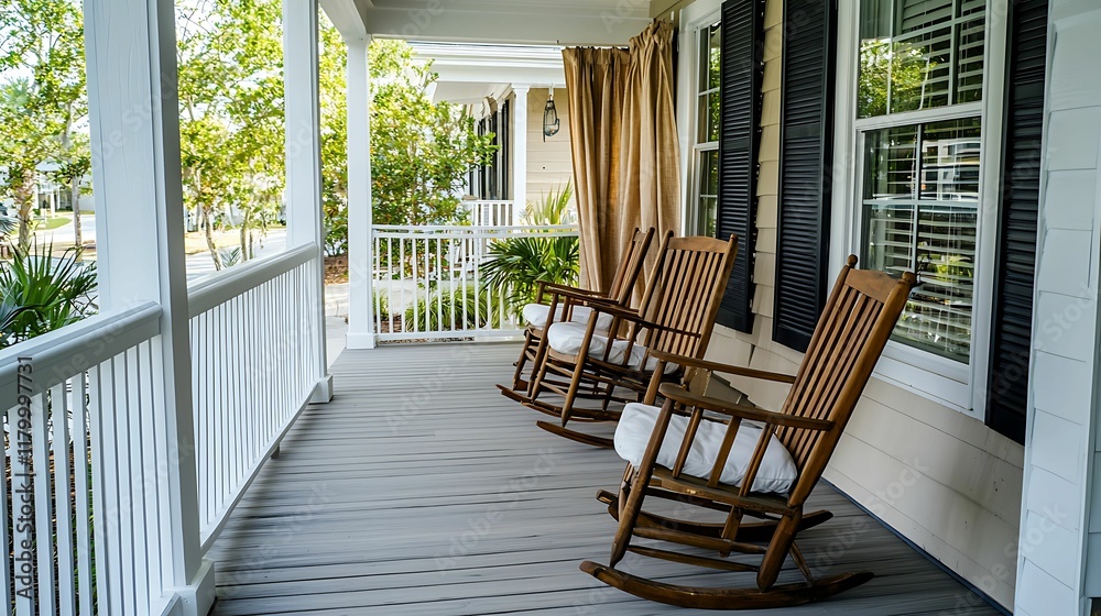 Design subtle homey concept, Cozy porch with rocking chairs and a view of greenery, ideal for relaxation. Design subtle homey concept, Cozy porch with rocking chairs and a view of greenery, ideal for relaxation.