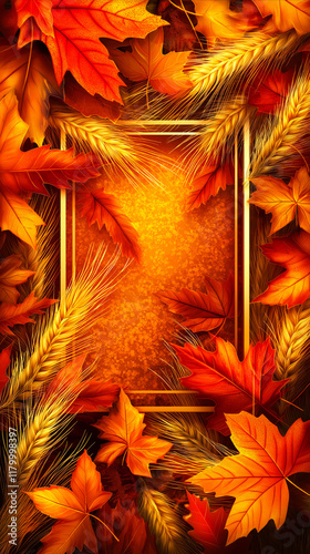 Bright autumn-themed banner featuring golden gradient background with vibrant red, orange, and yellow maple leaves surrounding decorative frame. For seasonal promotions, autumn events