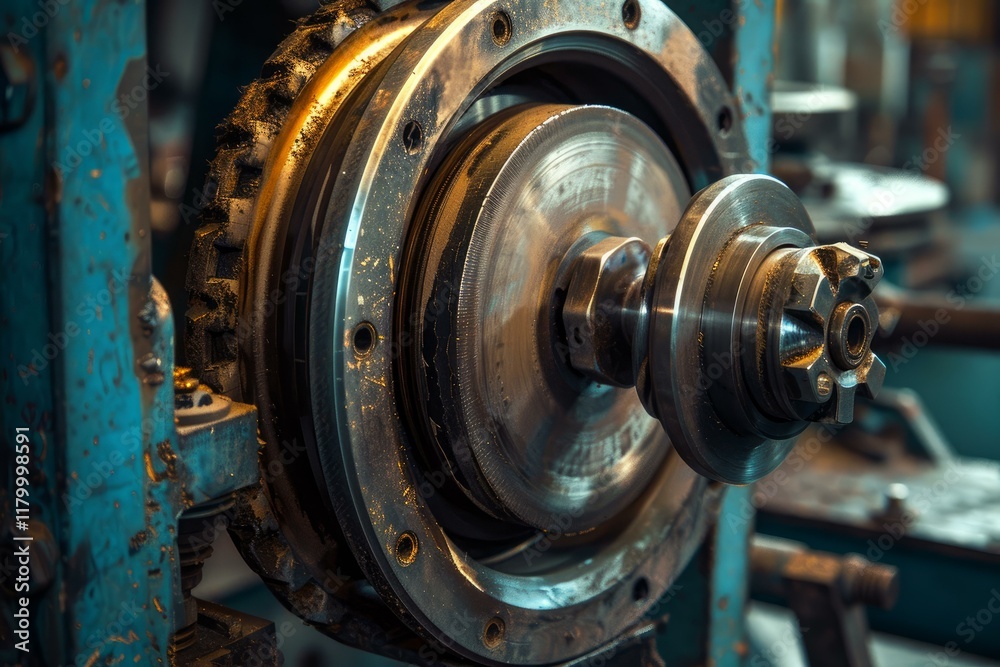 Old industrial metal lathe machine tool cutting metalworking closeup Old industrial metal lathe machine tool cutting metalworking closeup