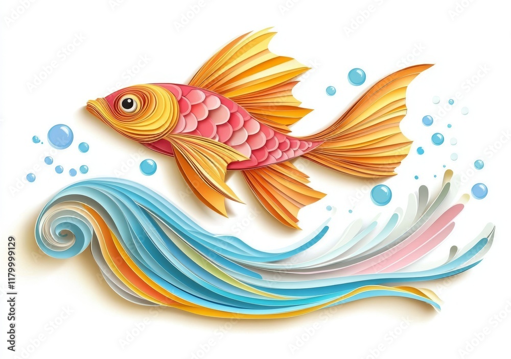 Red orange origami paper fish with a blue water background, featuring a polygonal trendy craft style