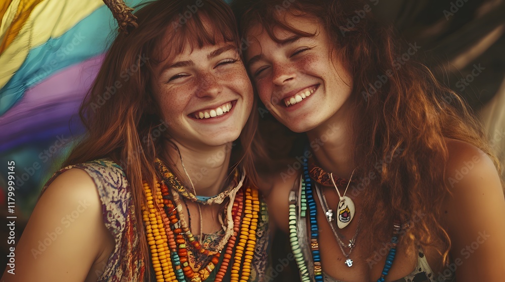 Fototapeta premium Twin sisters joyfully embrace near colorful fabric