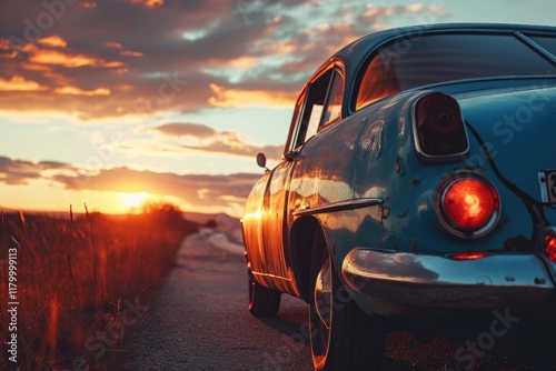 Vintage Car Driving into the Sunset through Autumn Forest