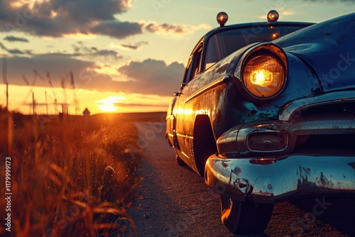 Vintage Car Driving Through Autumn Forest at Sunset