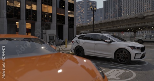 white electric car is parked at charging station