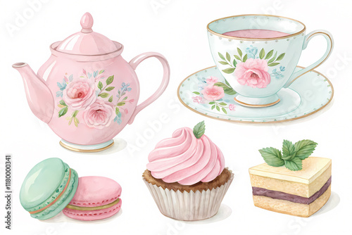 Pastel tea party stickers set with watercolor dessert designs for scrapbooking and crafts.