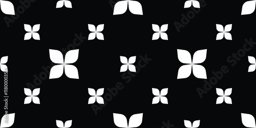 Geometric abstract seamless pattern of leaves to flowers. Black and white. Vector illustration.