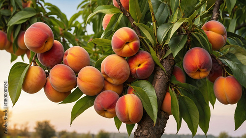 Bunch of ripe sweet peaches on peach plantation ready for harvesting. Ripe peaches hanging from branch. Fruit tree