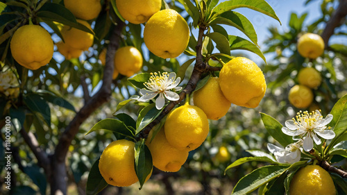 Ripe fresh lemons on lemon plantation in Sicily ready for harvesting. Ripe lemons growing on tree. Fruit picking in garden