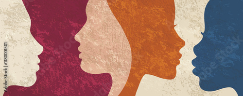 Communication group of multicultural diversity women and girls - face silhouette. Female social network community. Racial equality.Friendship. Colleagues. Women s day