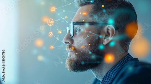 Thoughtful Professional Analyzing Data Connections, Digital Networks, and Technology Innovations in a Modern Workspace with Overlay Effects of Virtual Elements